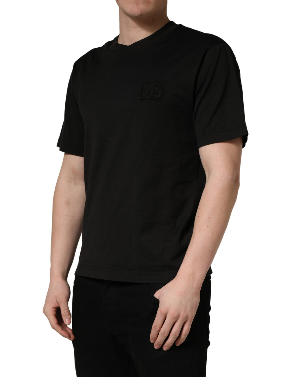 Black Cotton Short Sleeves Crew Neck  T-shirt