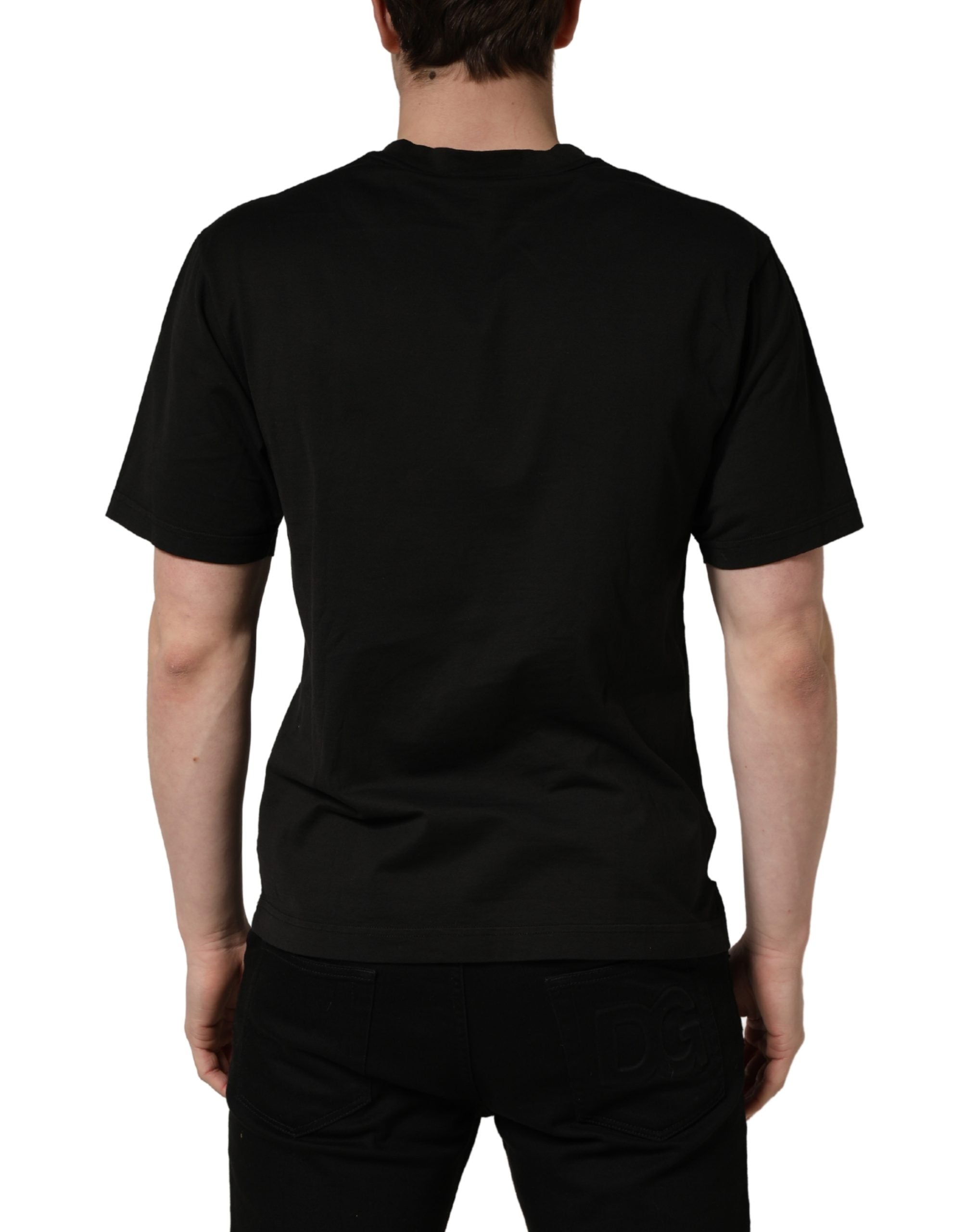 Black Cotton Short Sleeves Crew Neck  T-shirt