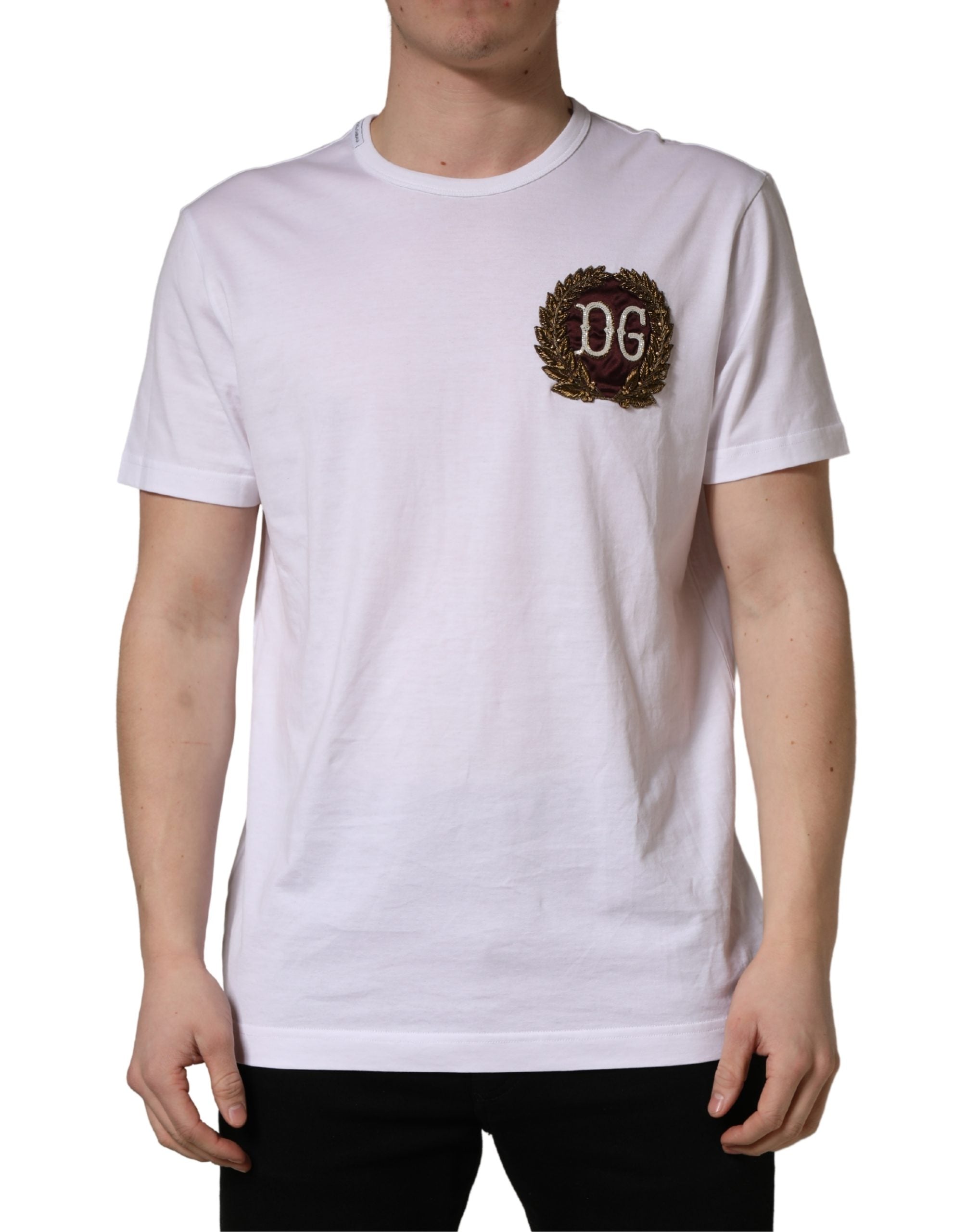 White DG Leaf Embroidery Crew Neck  T-shirt