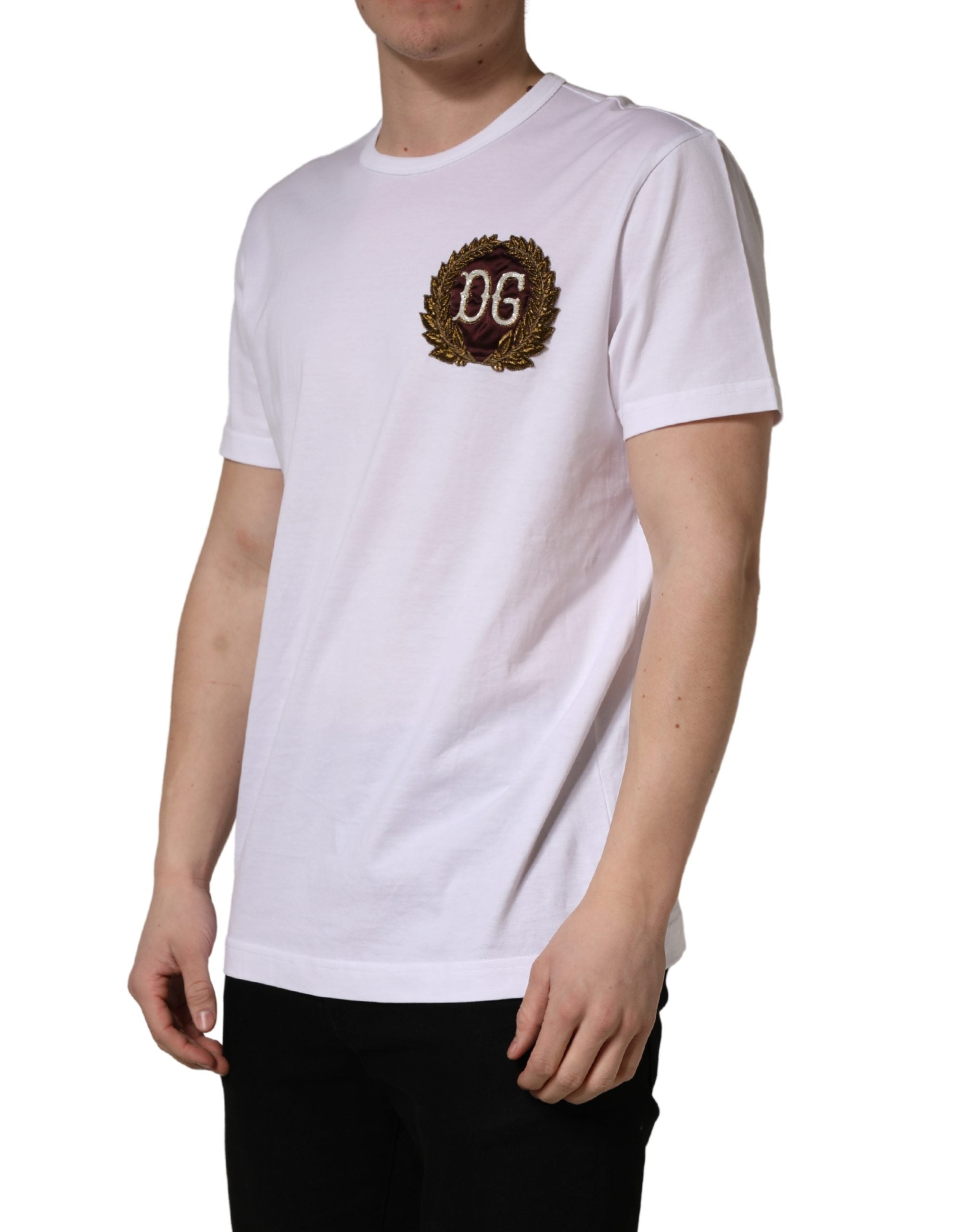 White DG Leaf Embroidery Crew Neck  T-shirt