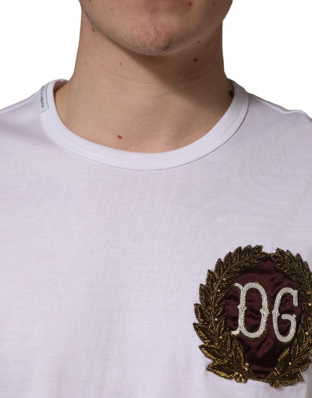 White DG Leaf Embroidery Crew Neck  T-shirt
