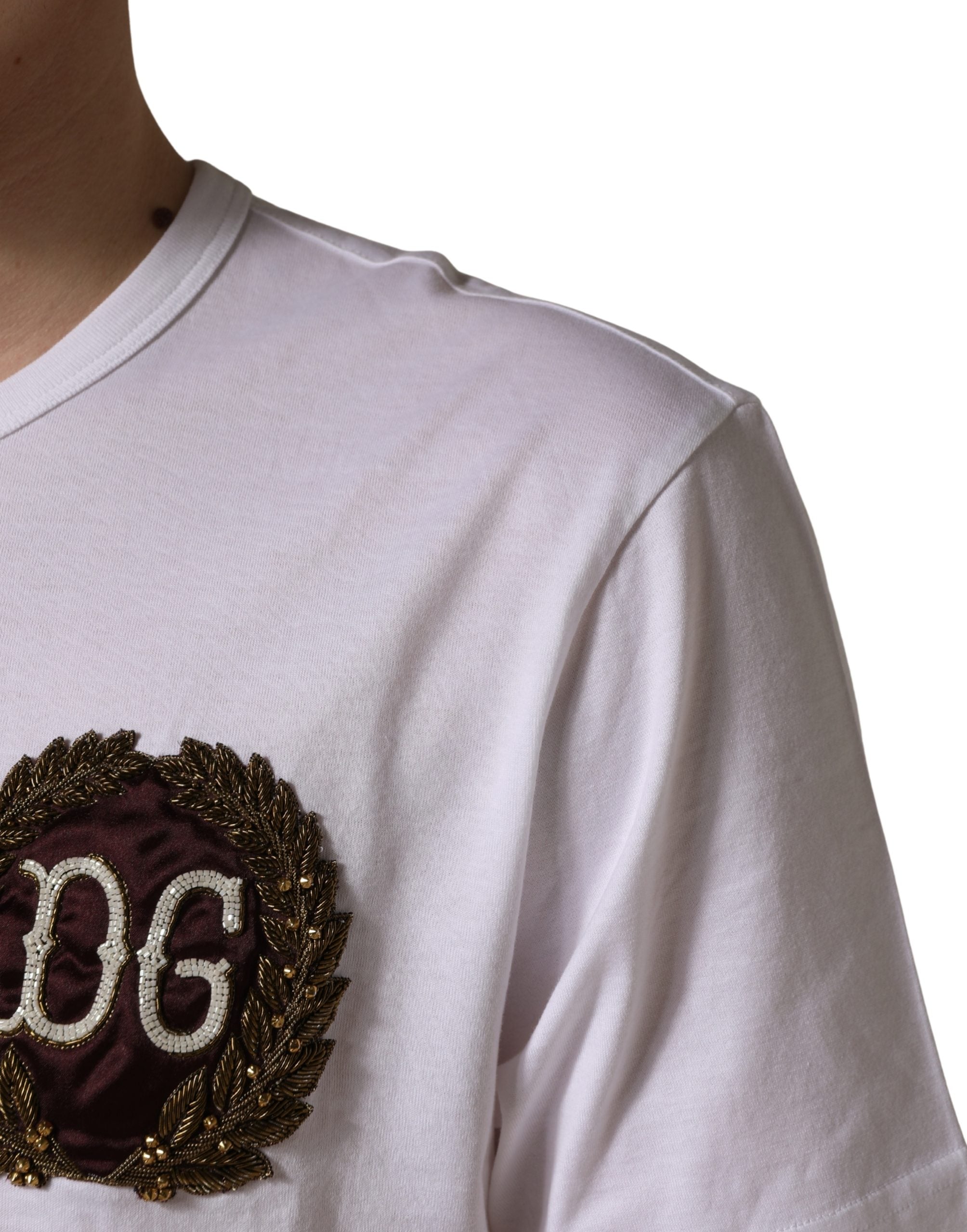 White DG Leaf Embroidery Crew Neck  T-shirt