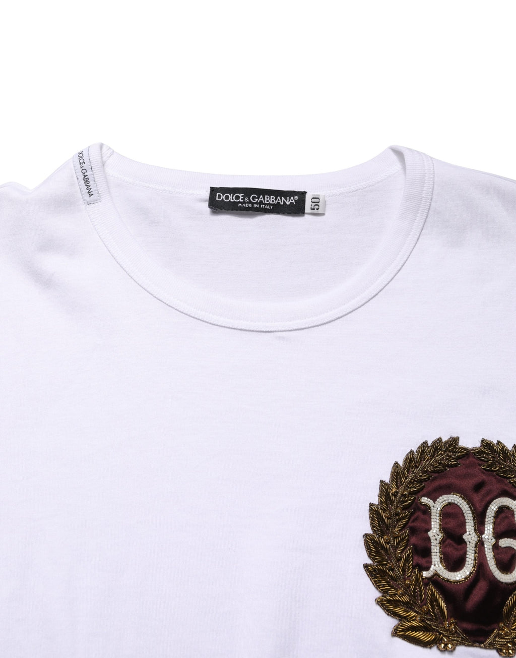 White DG Leaf Embroidery Crew Neck  T-shirt