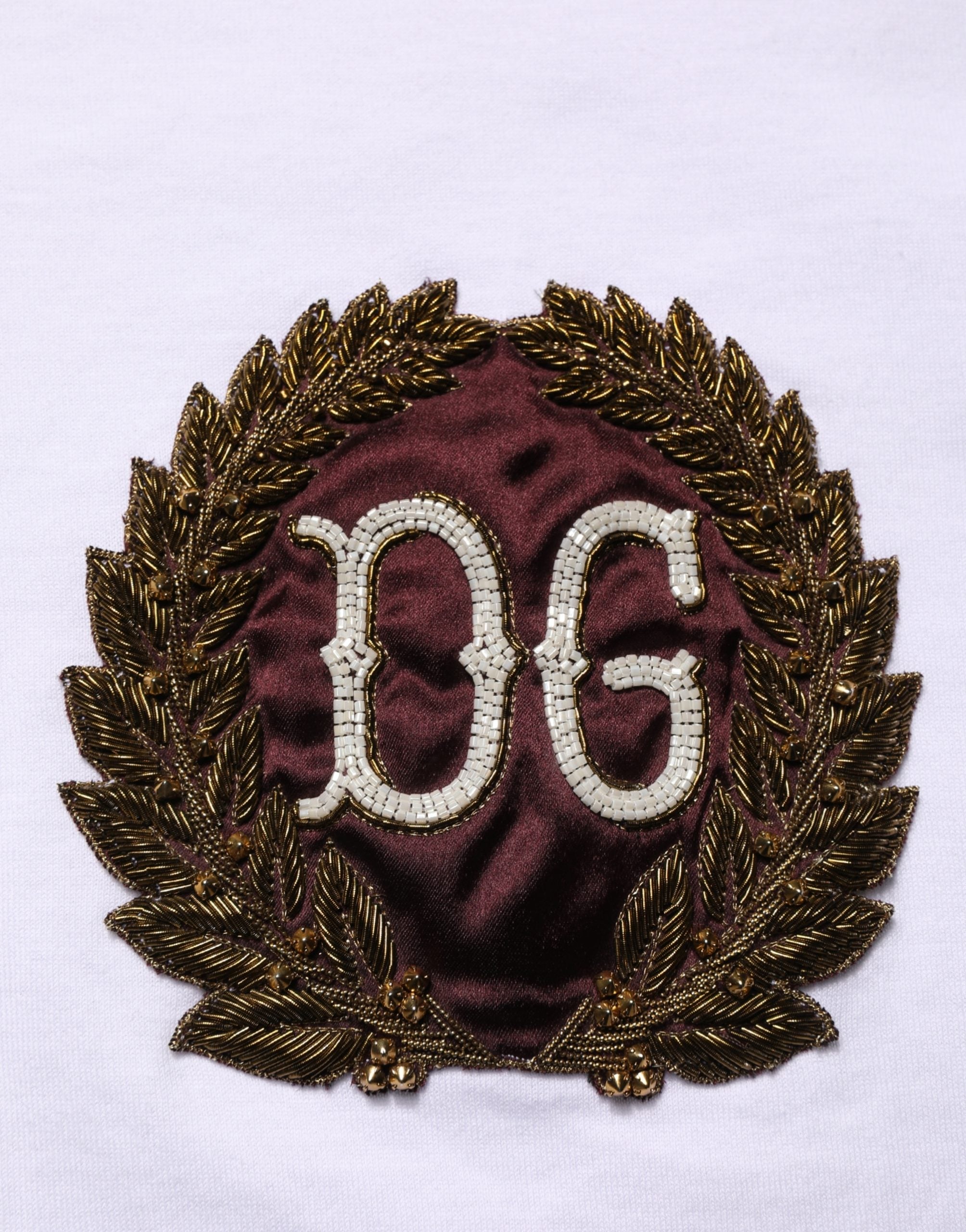 White DG Leaf Embroidery Crew Neck  T-shirt