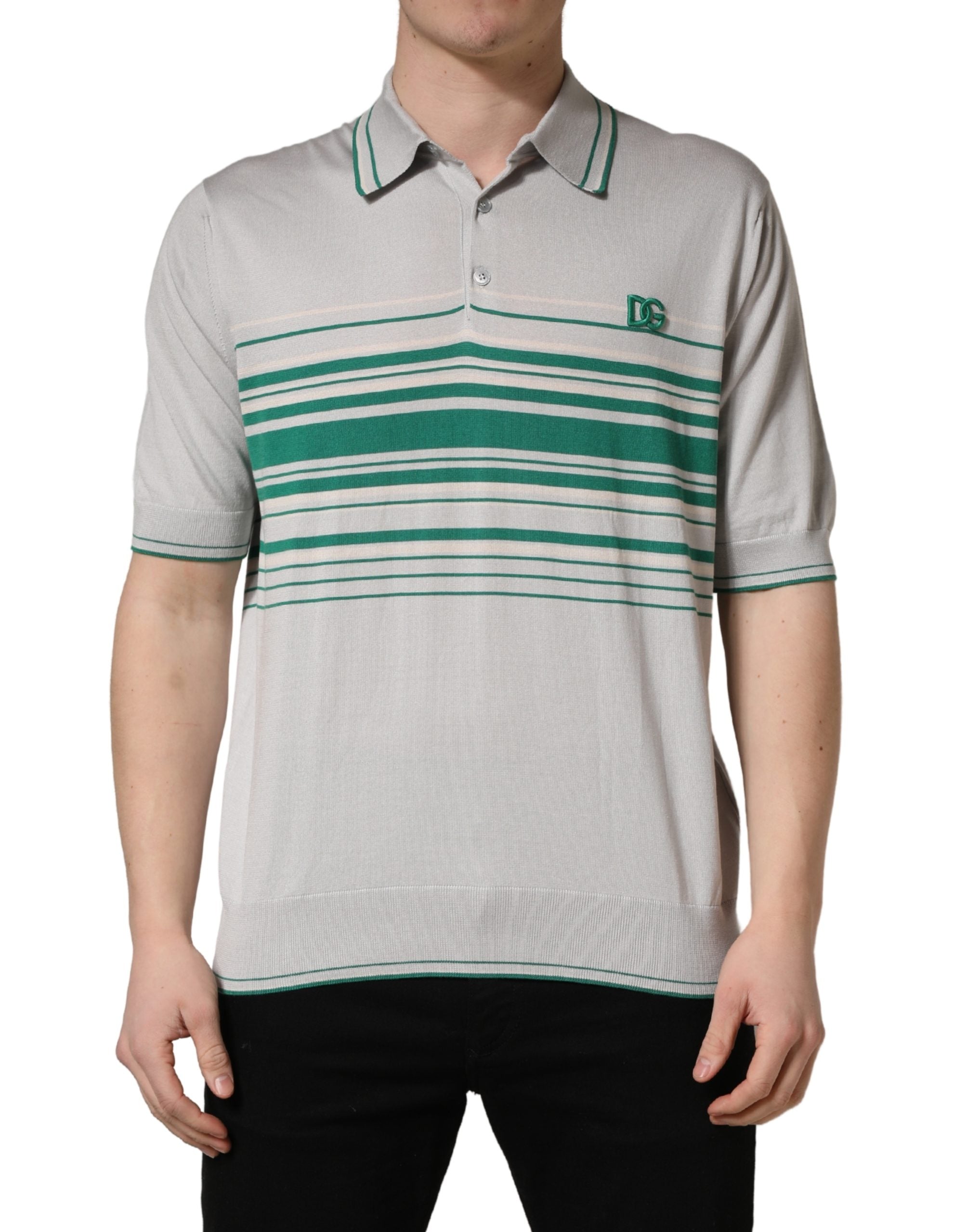 Gray Green Striped Logo Silk Polo T-shirt