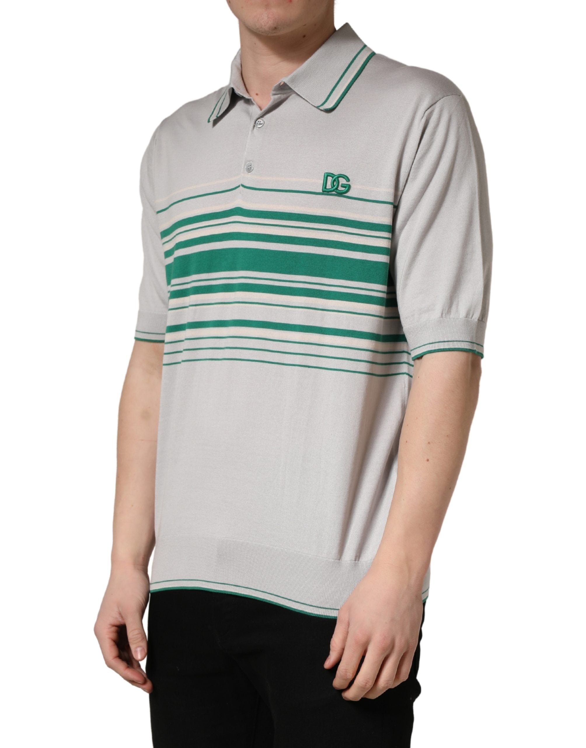 Gray Green Striped Logo Silk Polo T-shirt