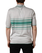 Gray Green Striped Logo Silk Polo T-shirt