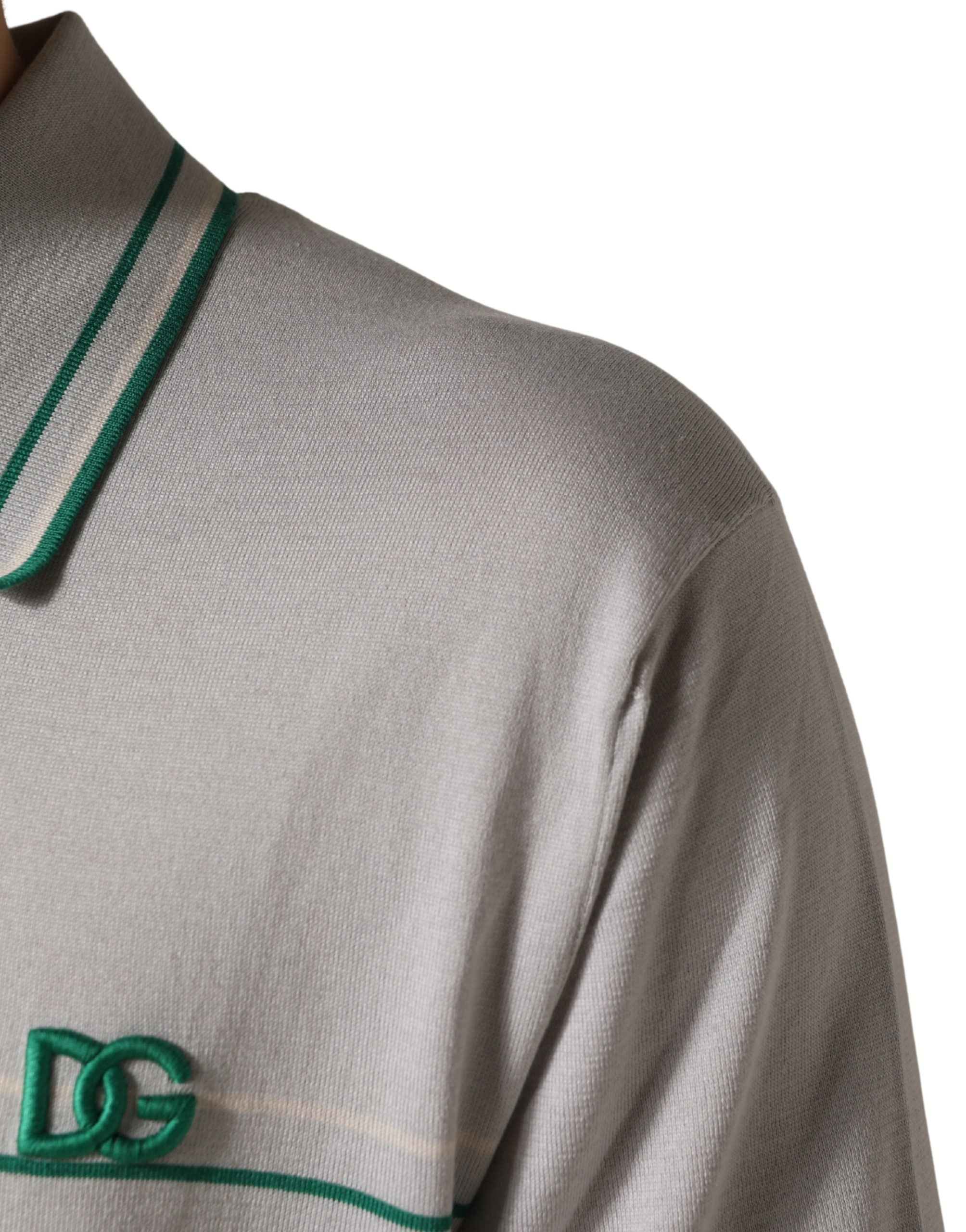 Gray Green Striped Logo Silk Polo T-shirt