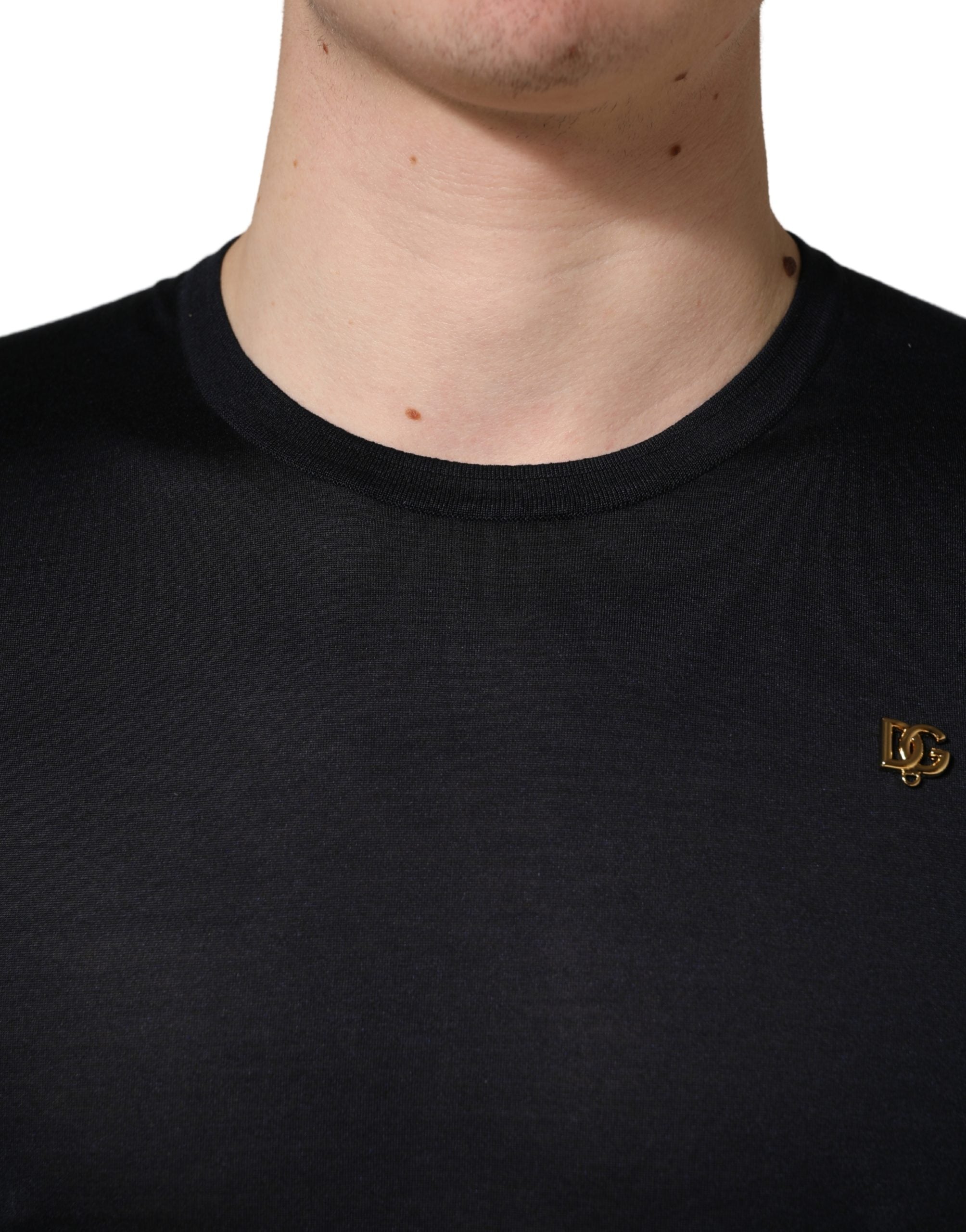 Dark Blue DG Logo Silk Men Crew Neck T-shirt