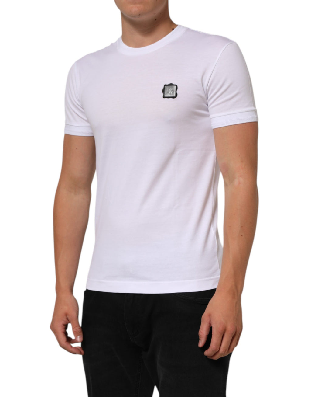 White Logo Patch Cotton Crew Neck T-shirt