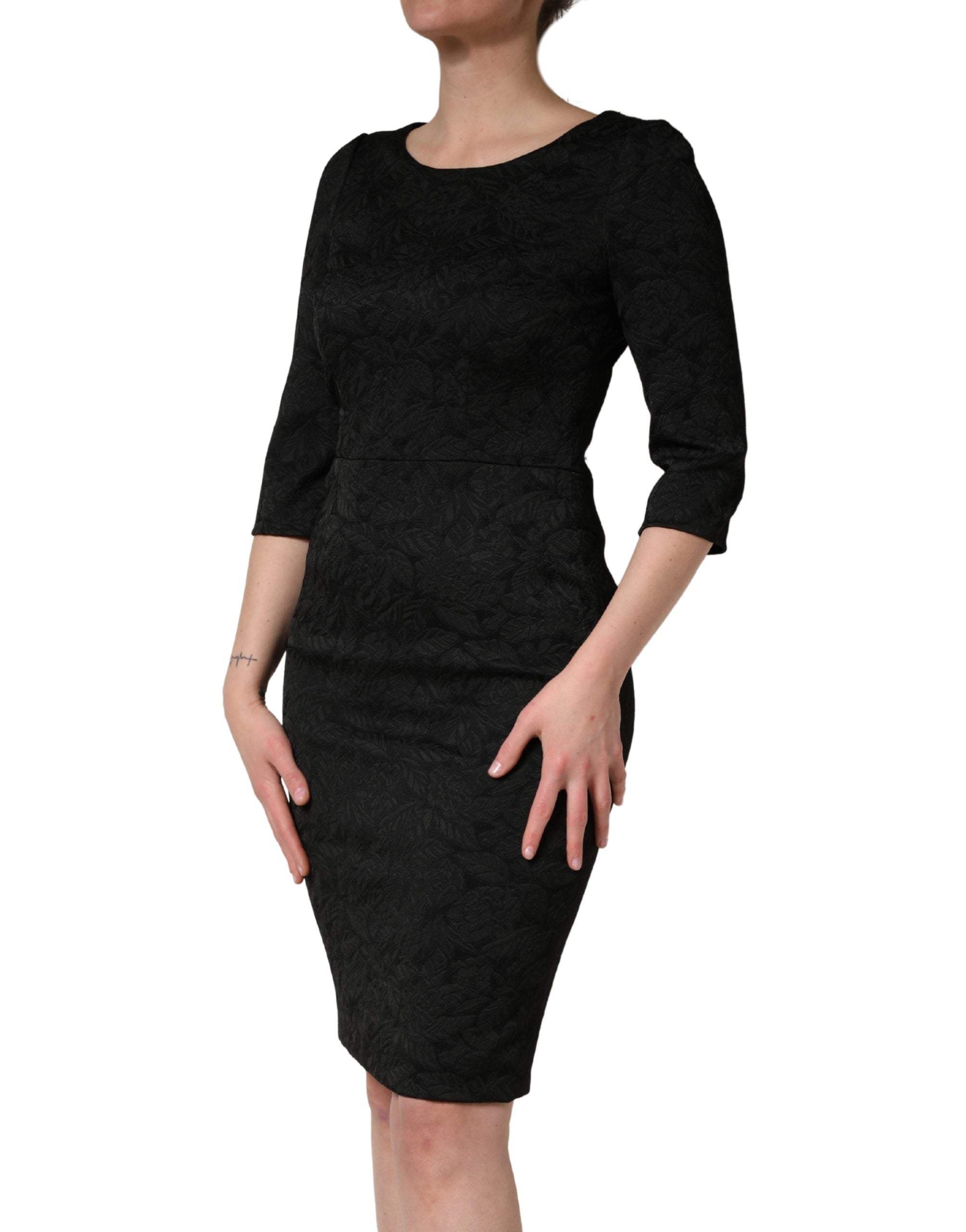 Black Floral Brocade Sheath Knee Length Dress