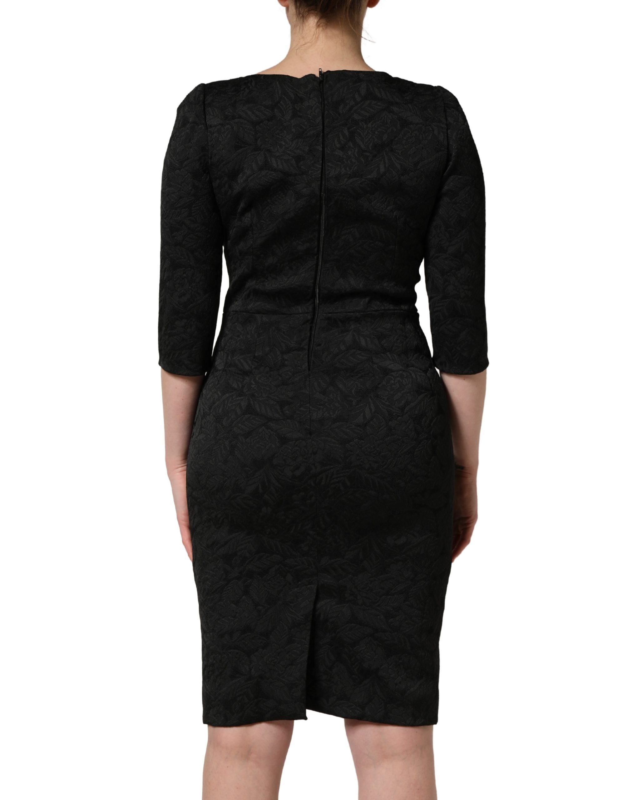 Black Floral Brocade Sheath Knee Length Dress