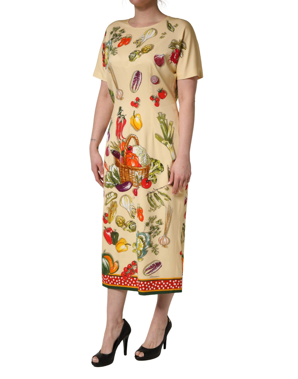 Beige Fruit PolkaDot Sheath Silk Midi Dress