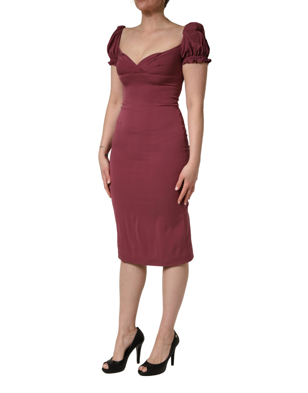 Maroon Silk Sweetheart Sheath Midi Dress