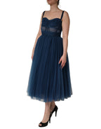 Blue Tulle Midi A-line Sleeveless Dress