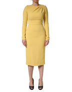 Yellow Silk Long Sleeves Sheath Midi Dress