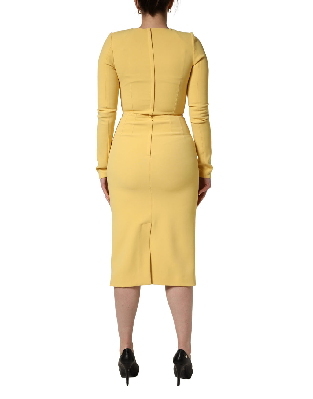Yellow Silk Long Sleeves Sheath Midi Dress