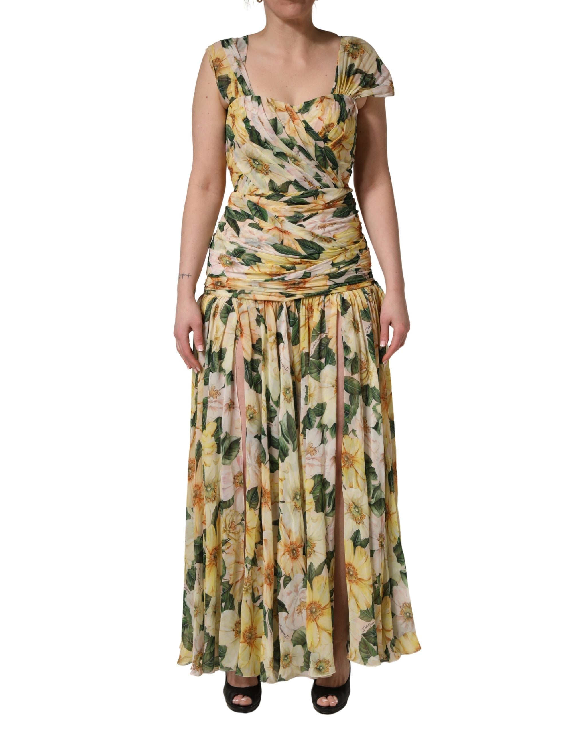 Yellow Silk Floral Print Pleated Maxi Dress
