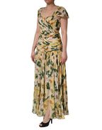 Yellow Silk Floral Print Pleated Maxi Dress