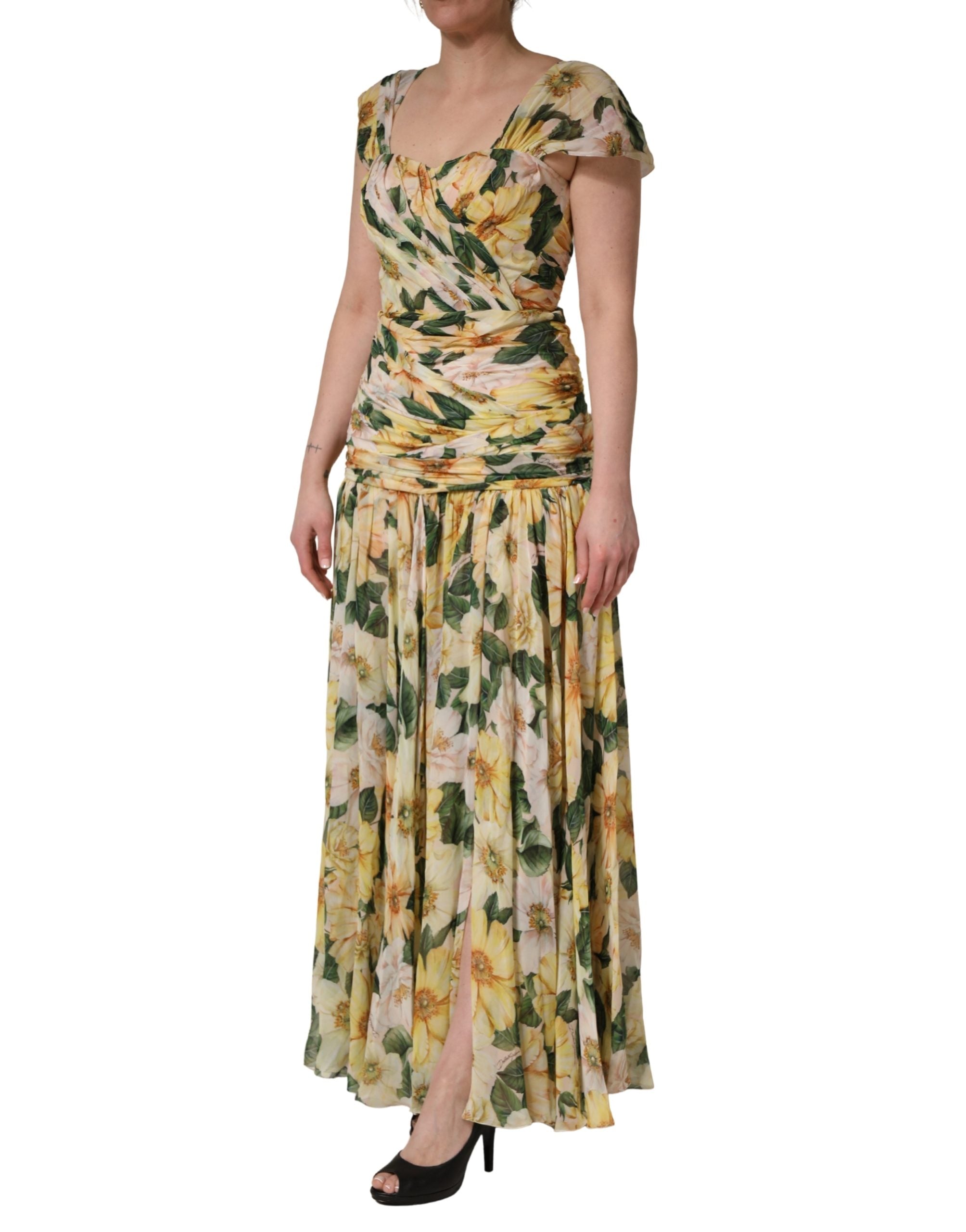 Yellow Silk Floral Print Pleated Maxi Dress