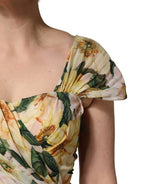 Yellow Silk Floral Print Pleated Maxi Dress