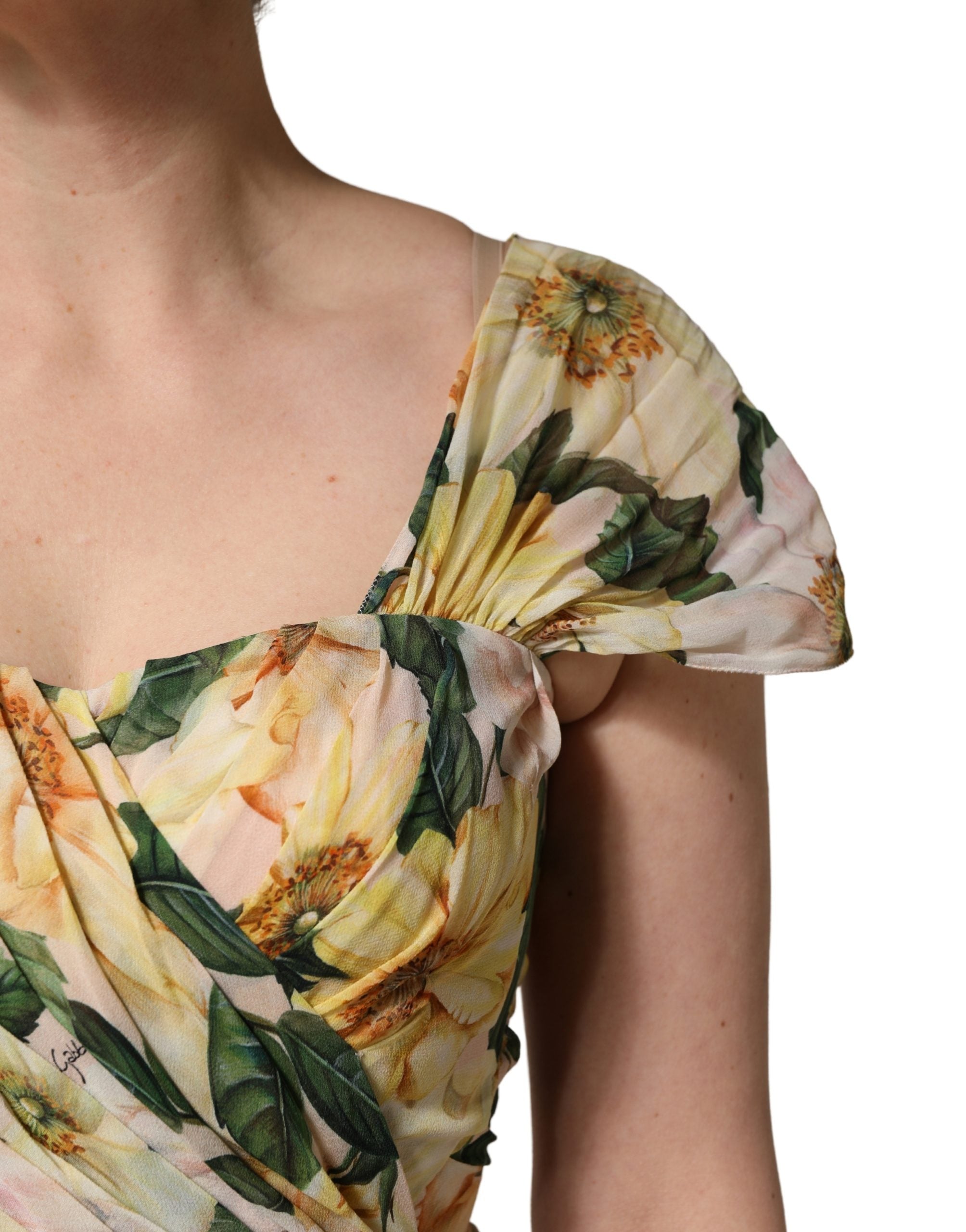 Yellow Silk Floral Print Pleated Maxi Dress