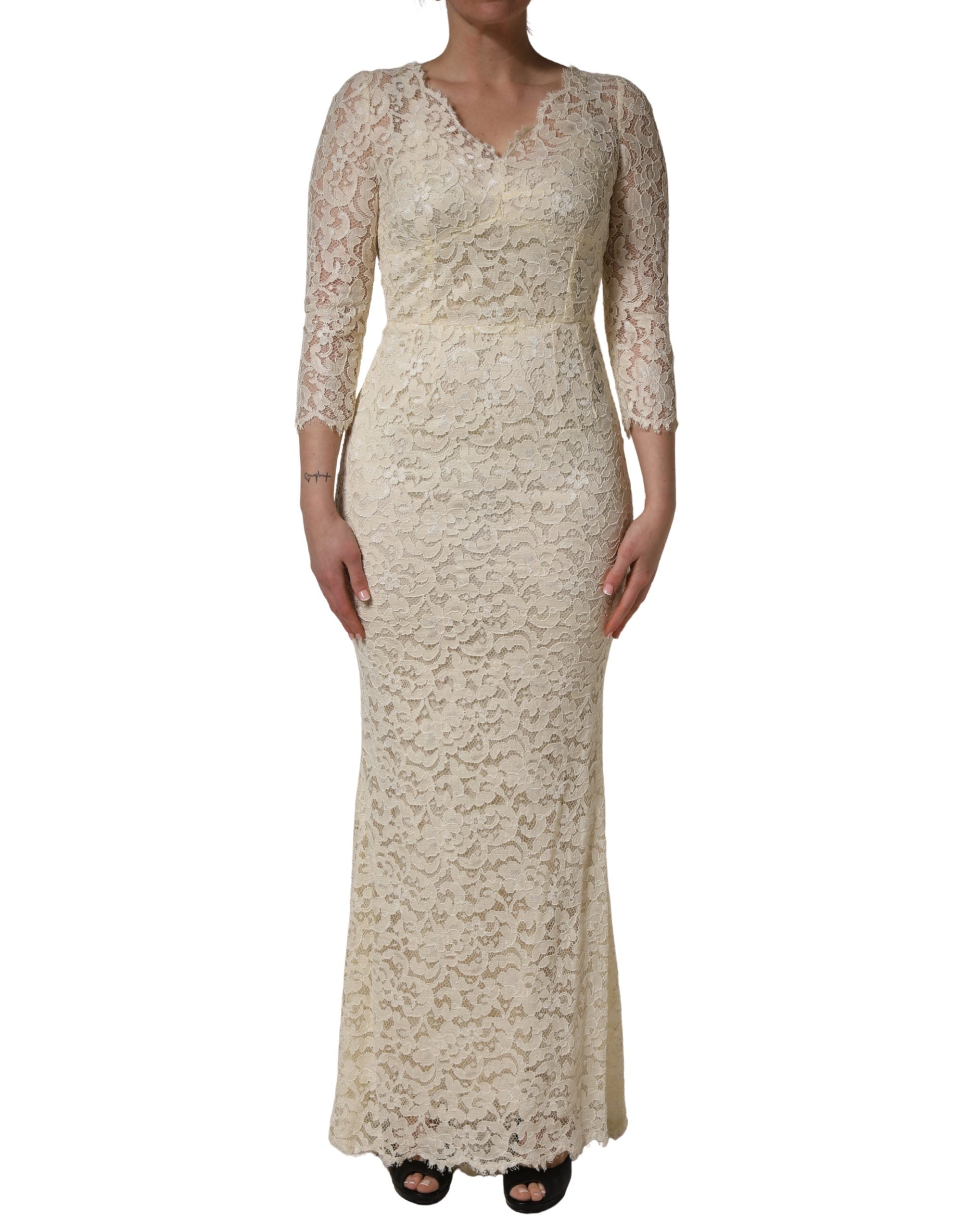 Off White Floral Lace Sheath Maxi Dress