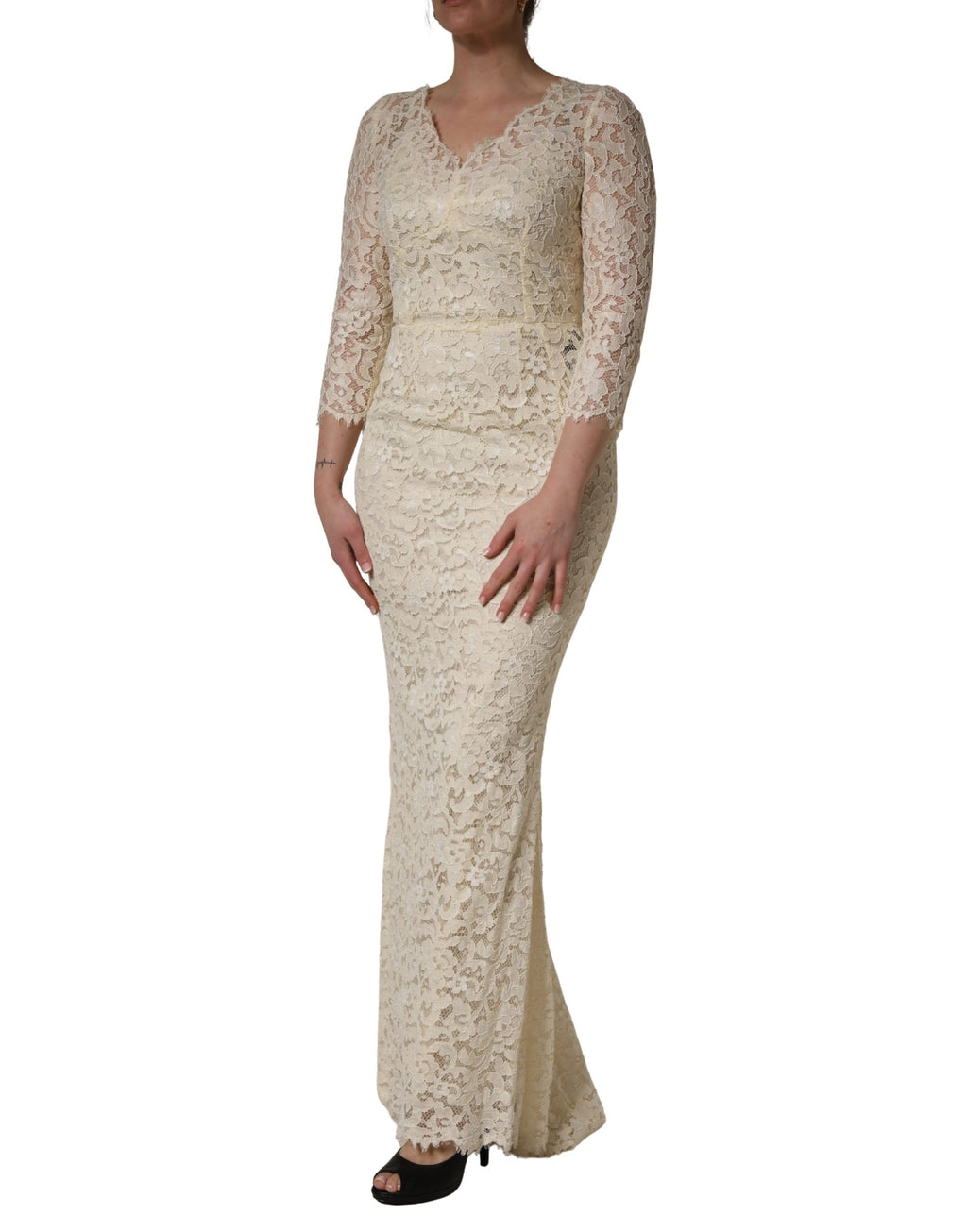 Off White Floral Lace Sheath Maxi Dress