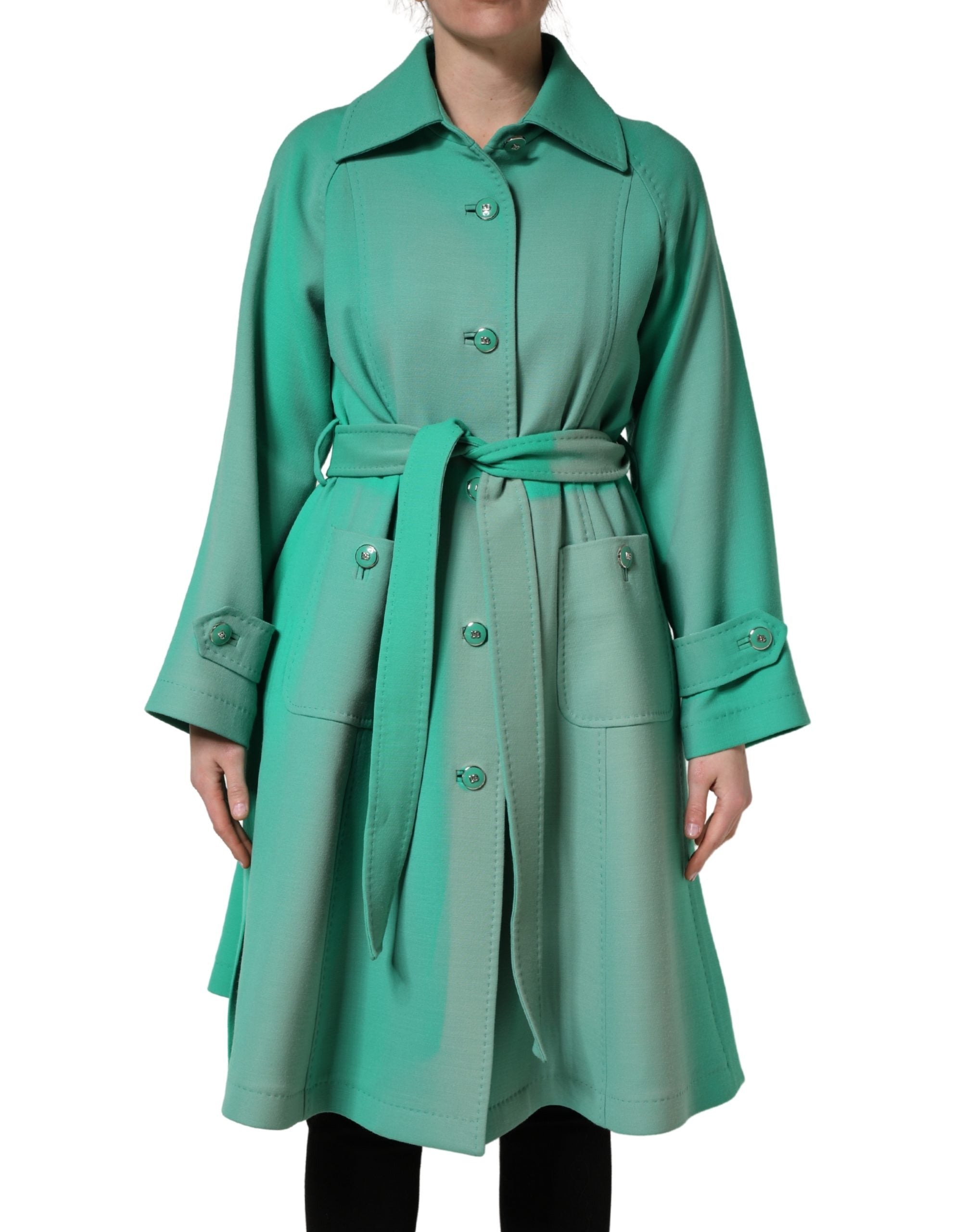 Green Buttoned Down Belt Trench Coat Jacket