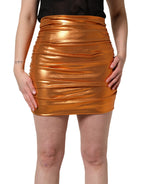 Metallic Orange Ruched Lame Bodycon Mini Skirt