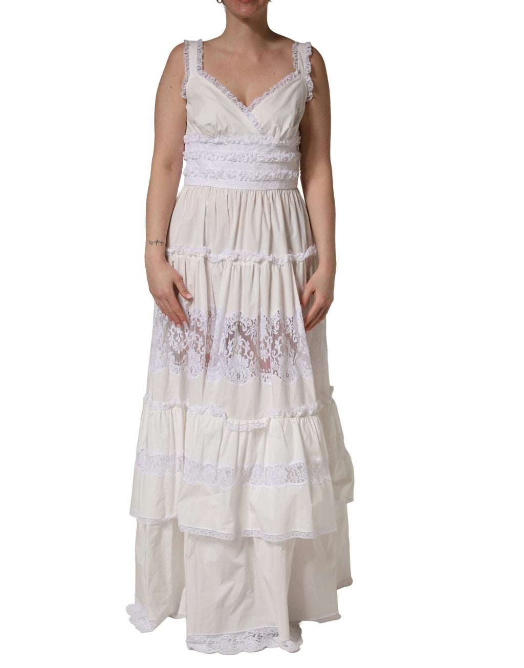 White Cotton Sleeveless Lace Maxi Dress