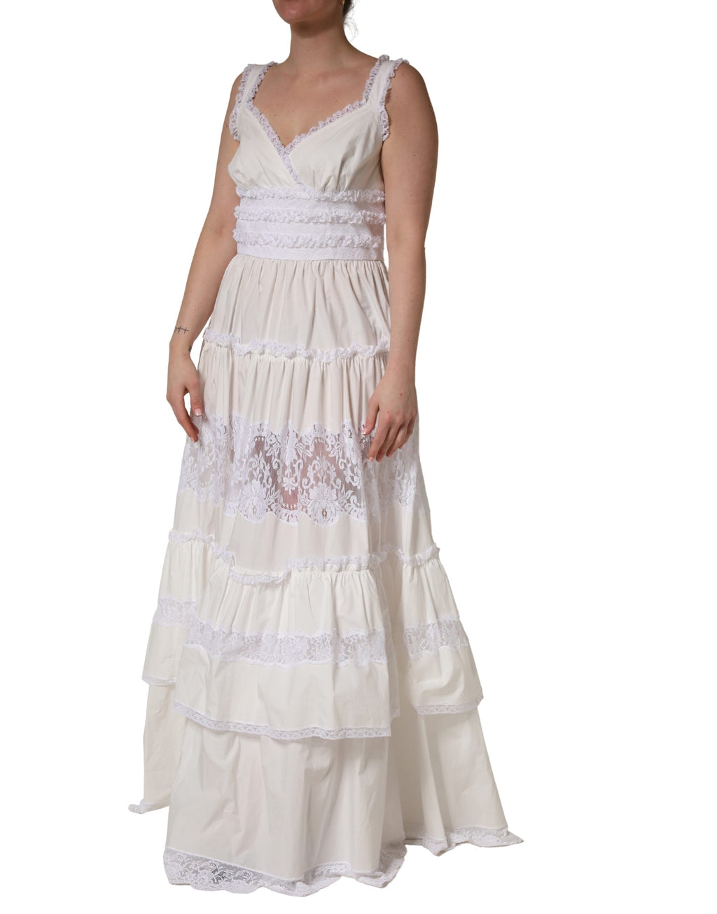 White Cotton Sleeveless Lace Maxi Dress