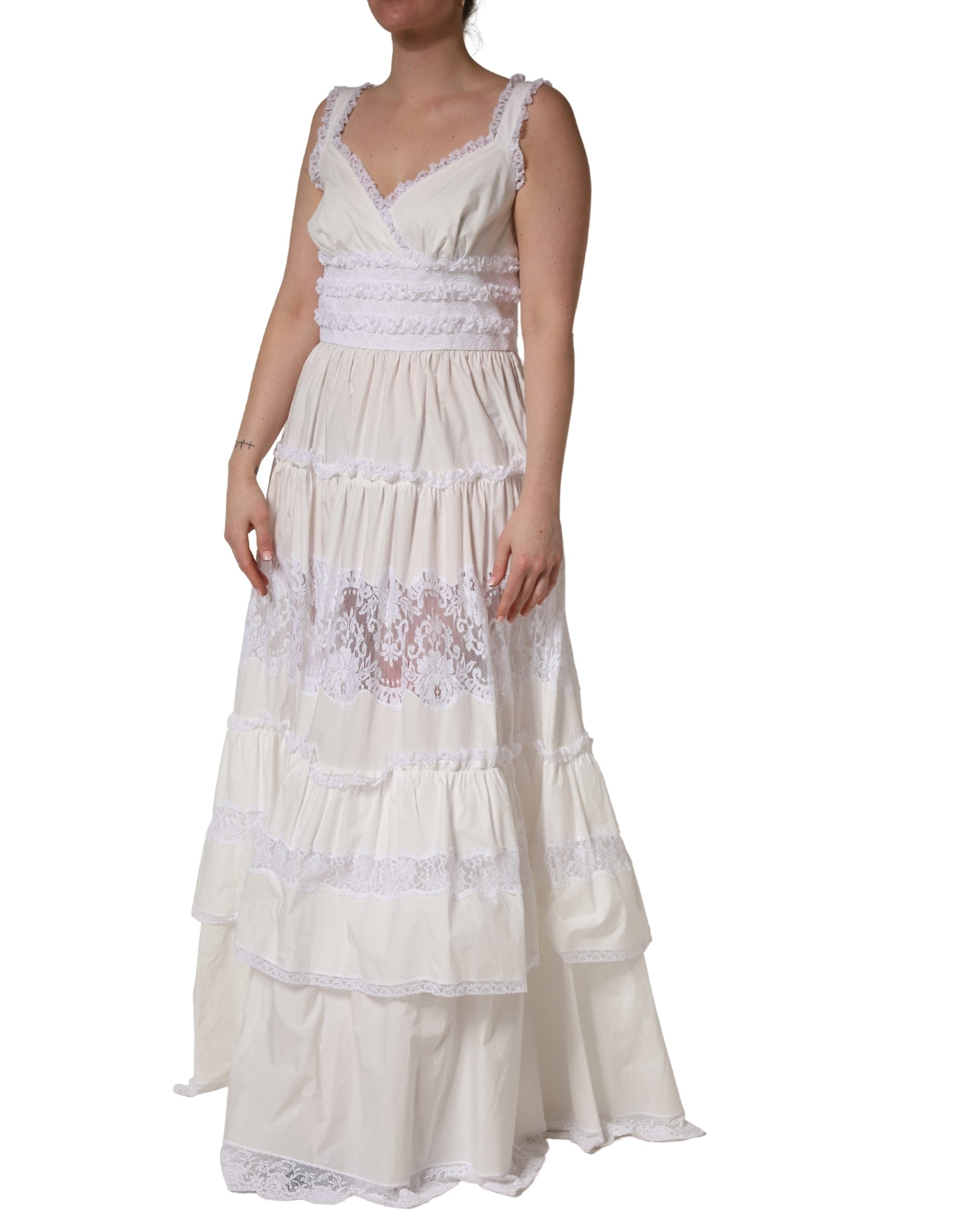 White Cotton Sleeveless Lace Maxi Dress