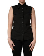 Black Cotton Sleeveless Collared Blouse Top