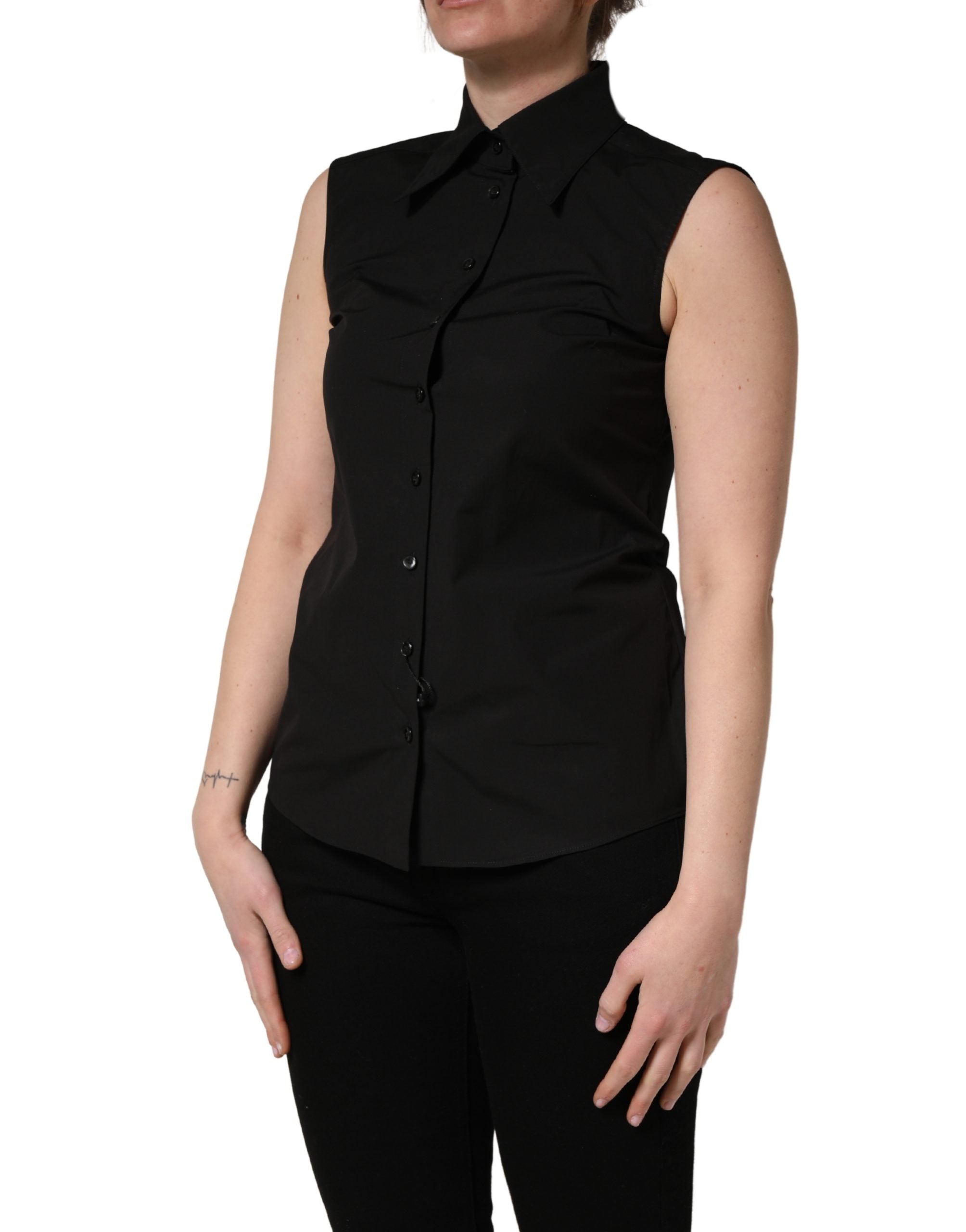 Black Cotton Sleeveless Collared Blouse Top