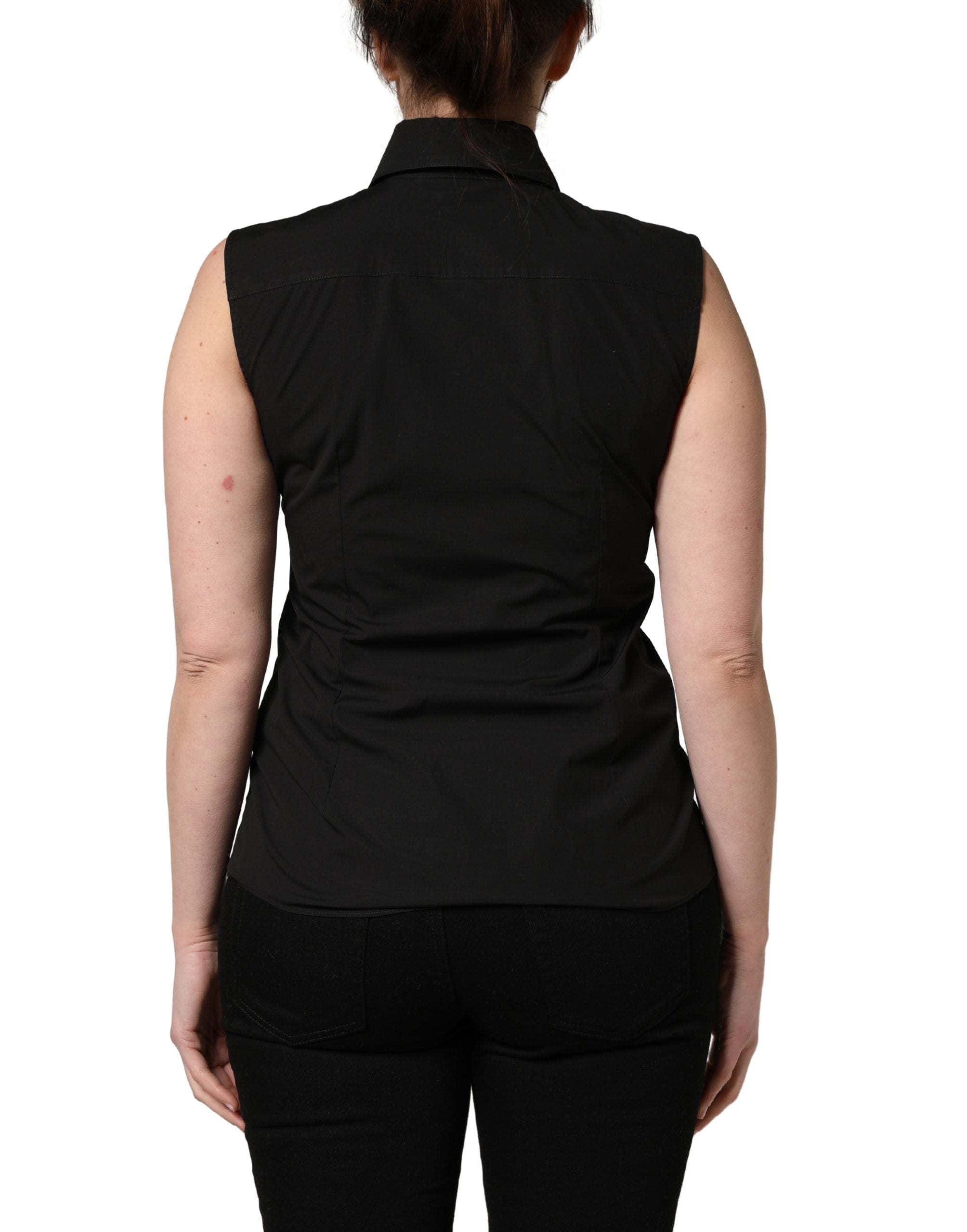Black Cotton Sleeveless Collared Blouse Top