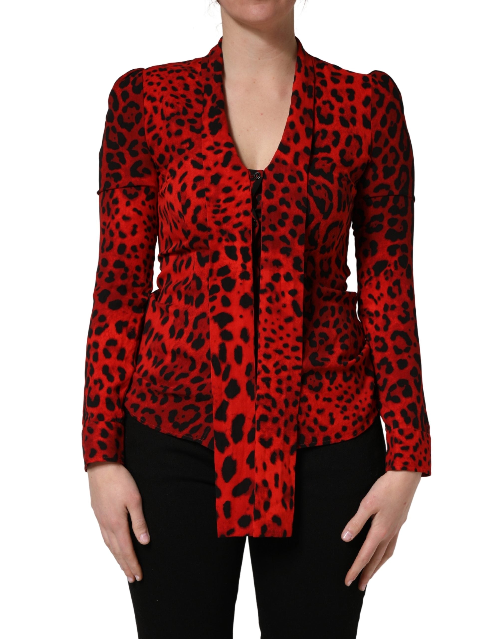 Red Leopard Print Long Sleeves Blouse Top