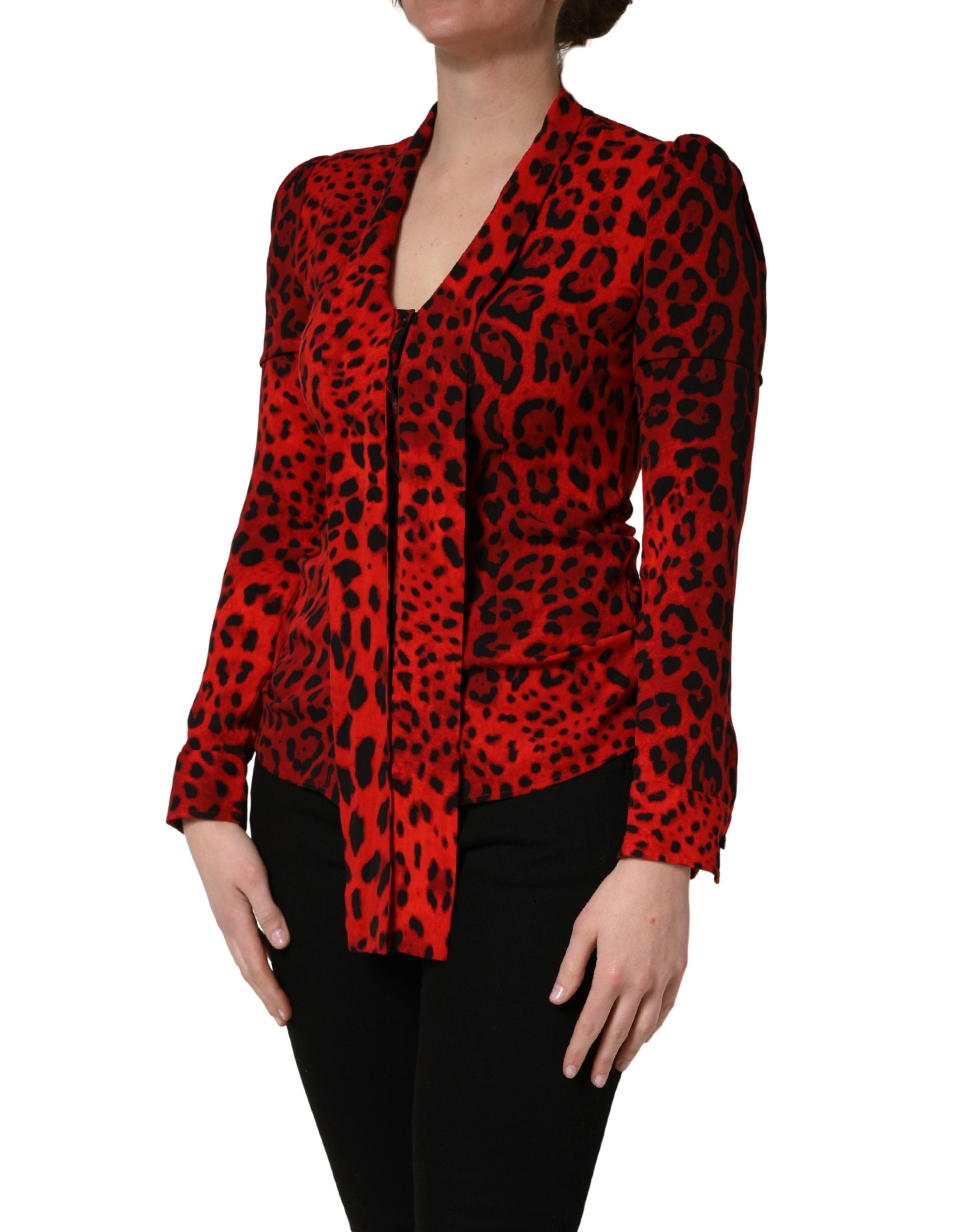 Red Leopard Print Long Sleeves Blouse Top