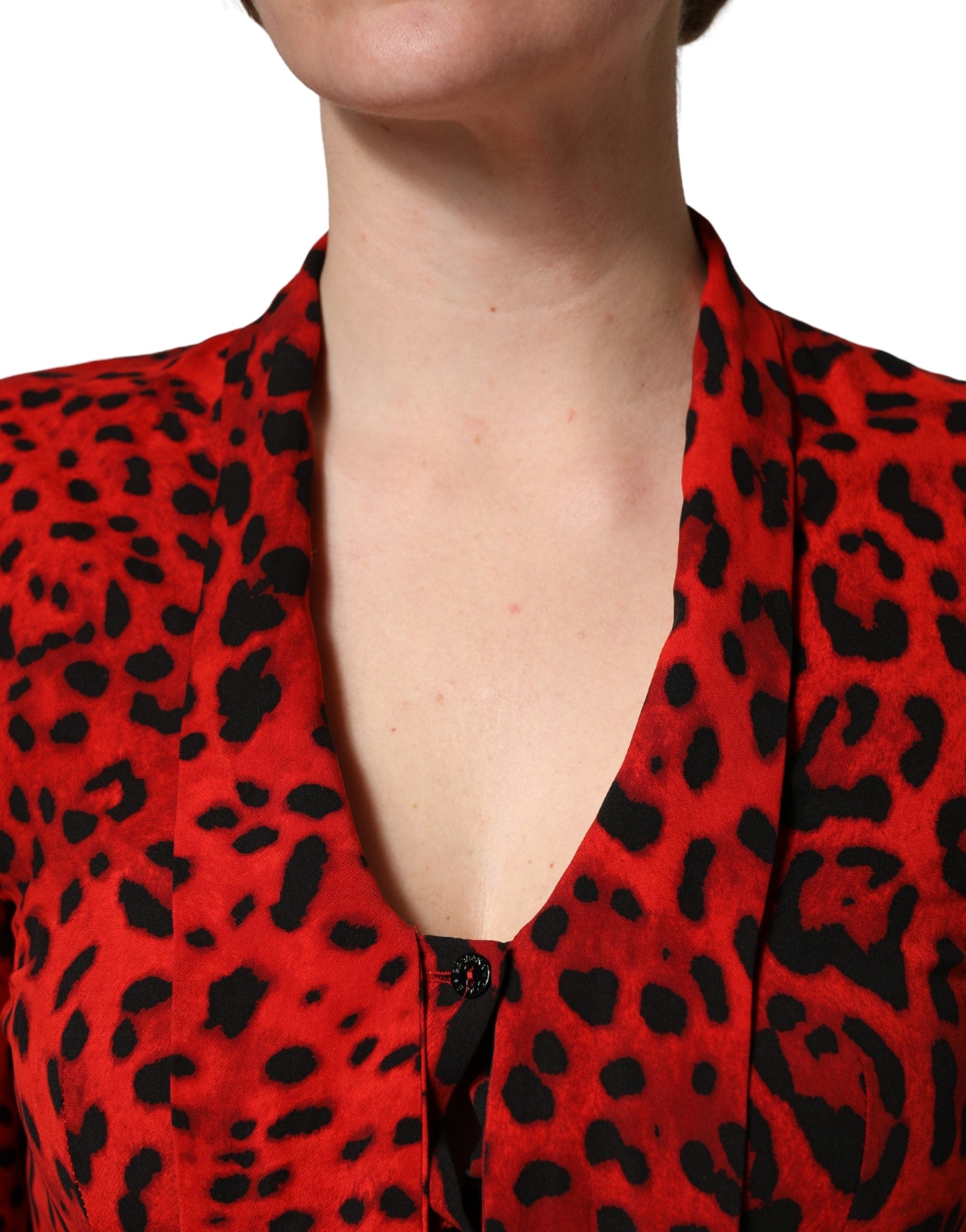 Red Leopard Print Long Sleeves Blouse Top