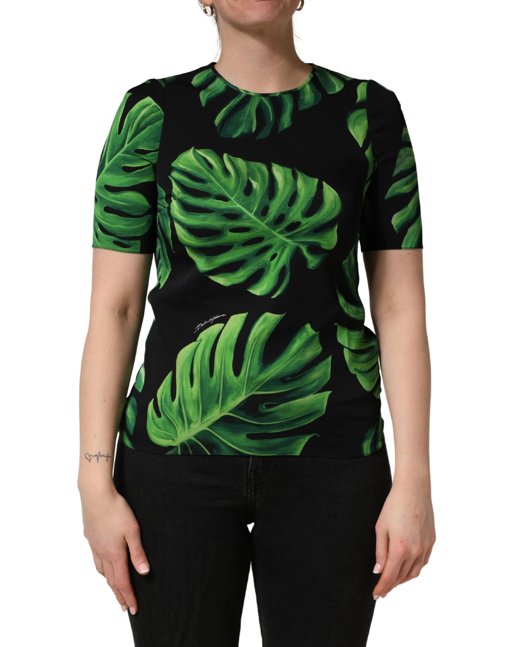 Black Philodendron Print Silk Blouse Top