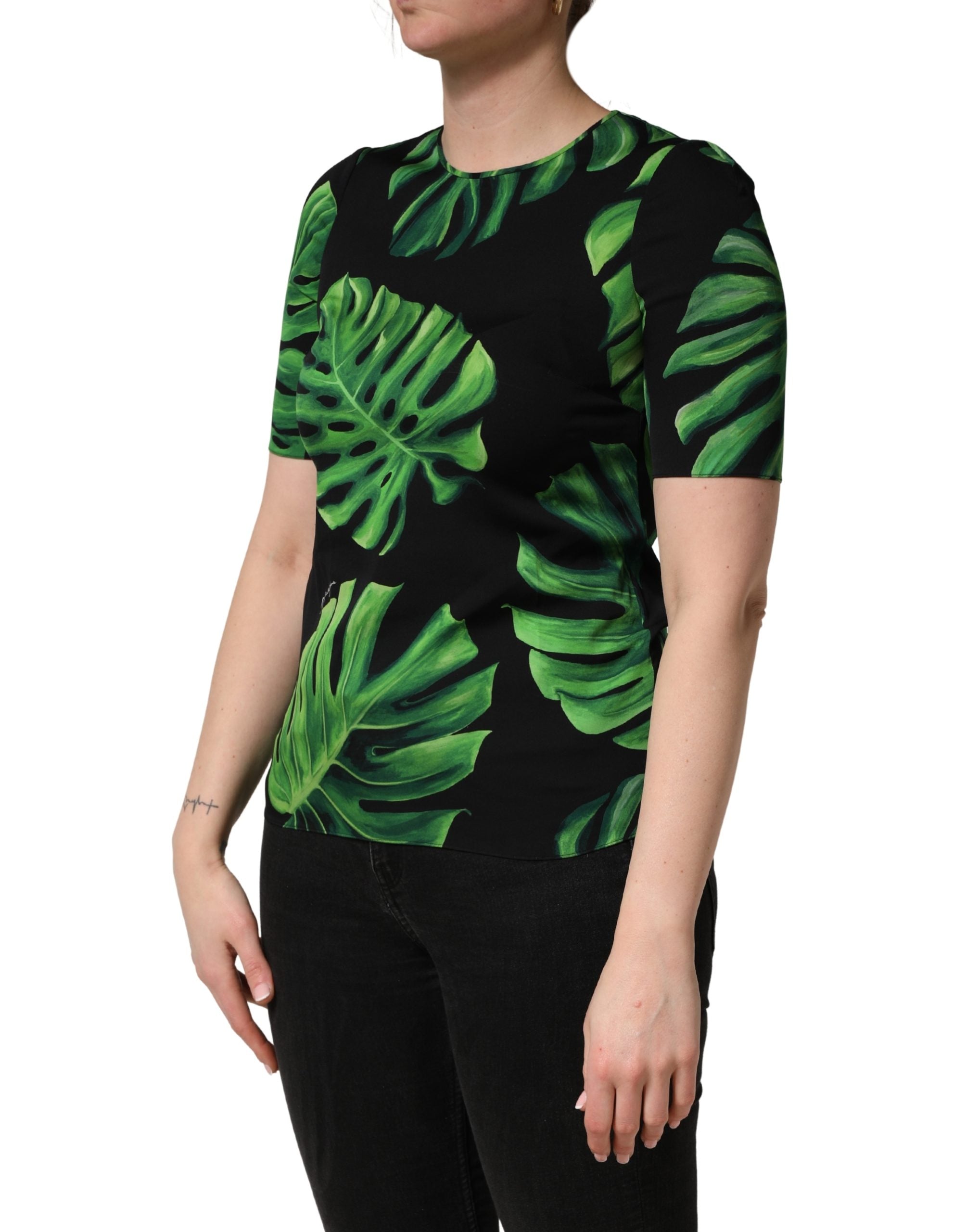Black Philodendron Print Silk Blouse Top