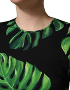 Black Philodendron Print Silk Blouse Top