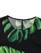 Black Philodendron Print Silk Blouse Top