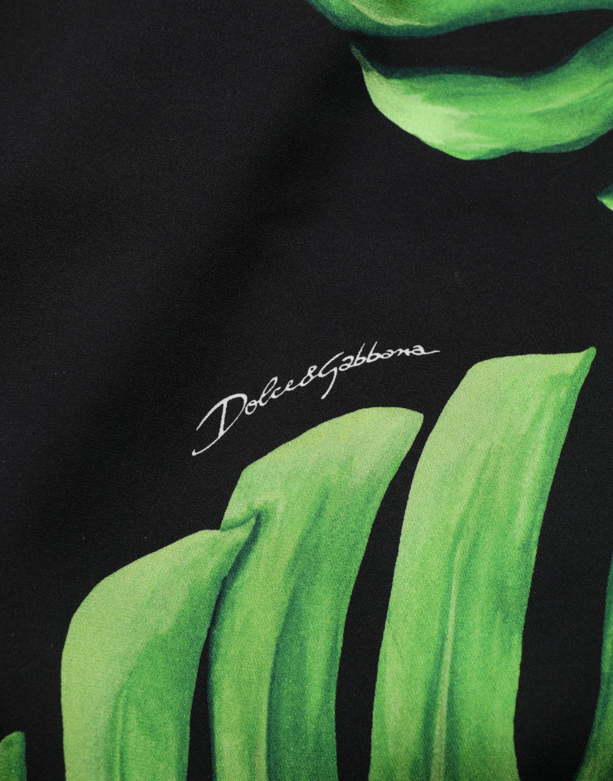 Black Philodendron Print Silk Blouse Top