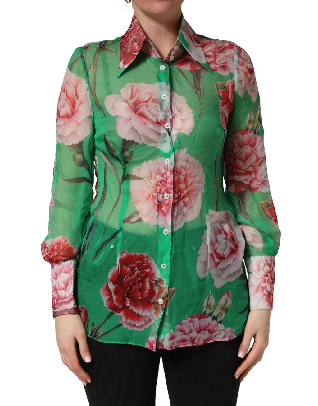 Green CarnationPrint Silk Collared Blouse Top
