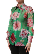 Green CarnationPrint Silk Collared Blouse Top