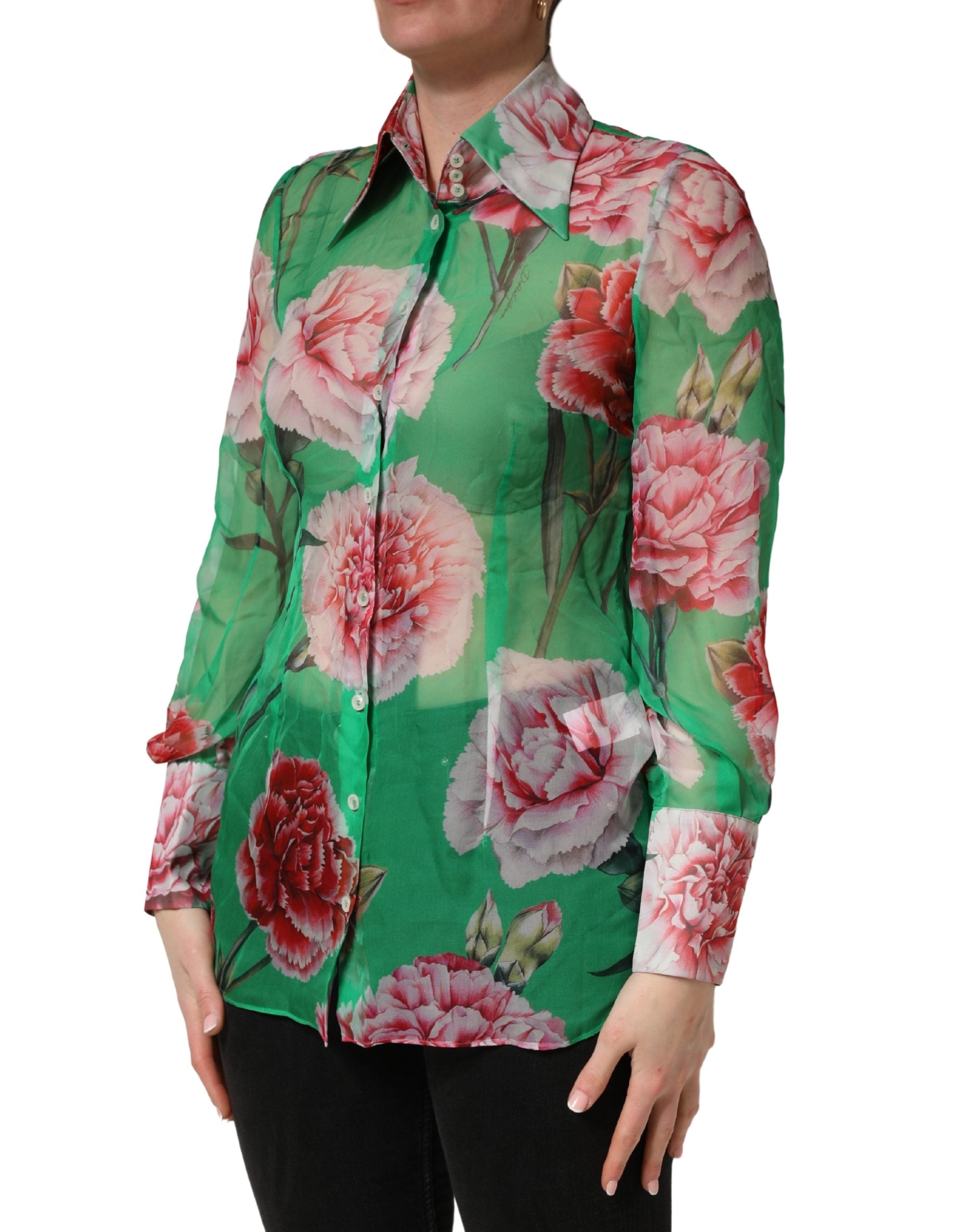 Green CarnationPrint Silk Collared Blouse Top