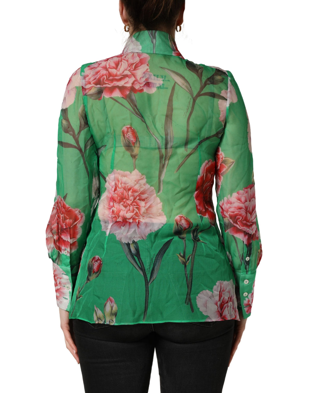 Green CarnationPrint Silk Collared Blouse Top