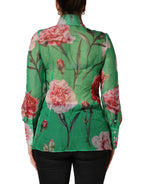 Green CarnationPrint Silk Collared Blouse Top
