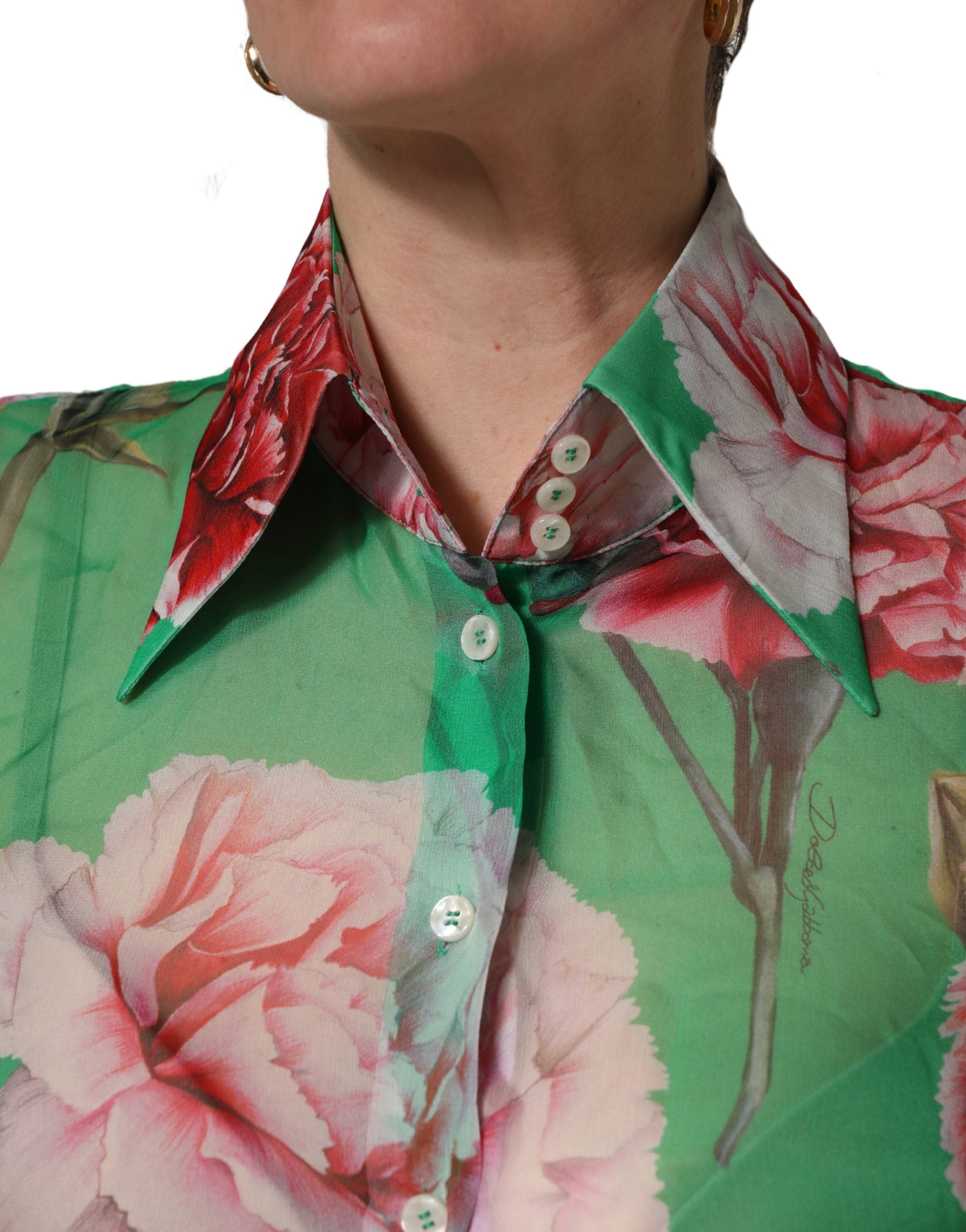 Green CarnationPrint Silk Collared Blouse Top